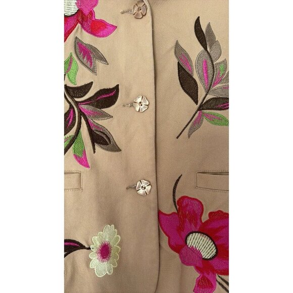 Susan Graves Long Sleeve Tan Floral Embroidered Lined Blazer Jacket Medium - Picture 5 of 7